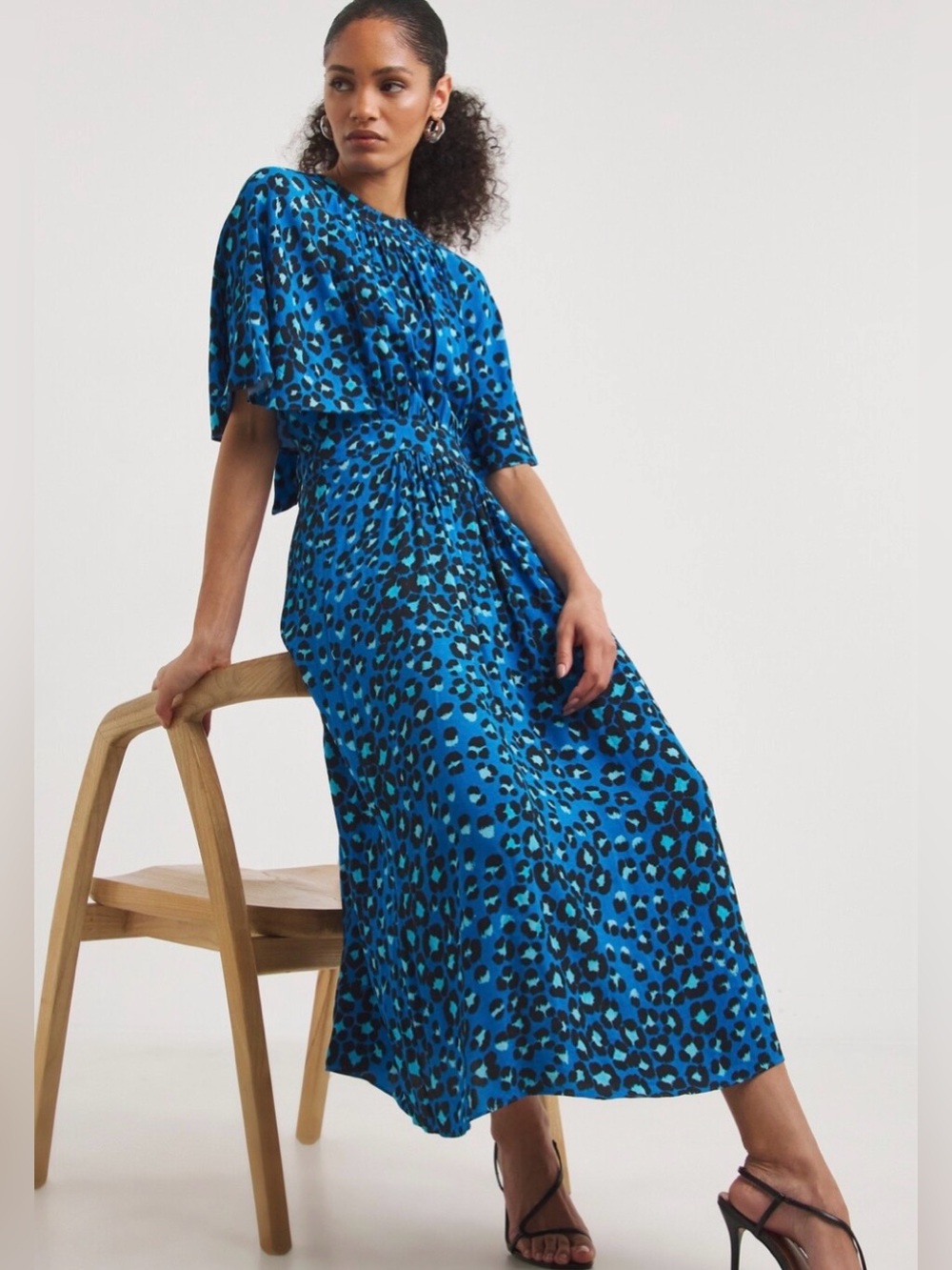 Whistles Amelia Blue Leopard Midi Dress Cape Sleeve Wedding Guest US 6